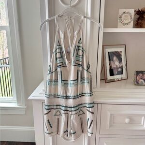 Beaded Ivory Halter Romper with Teal & Black Embroidery